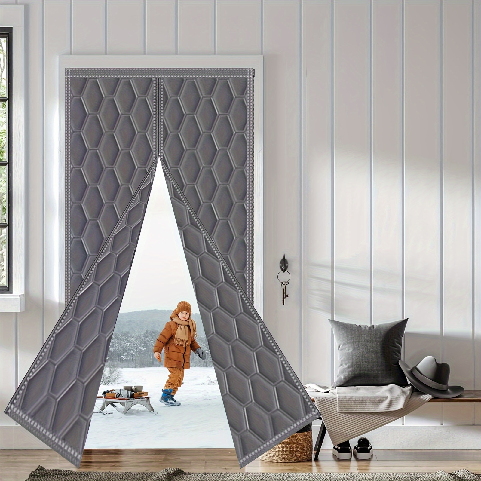 Cortinas opacas para puerta de entrada, color liso, estampado gris claro,  cortina de puerta francesa con aislamiento térmico para puerta delantera