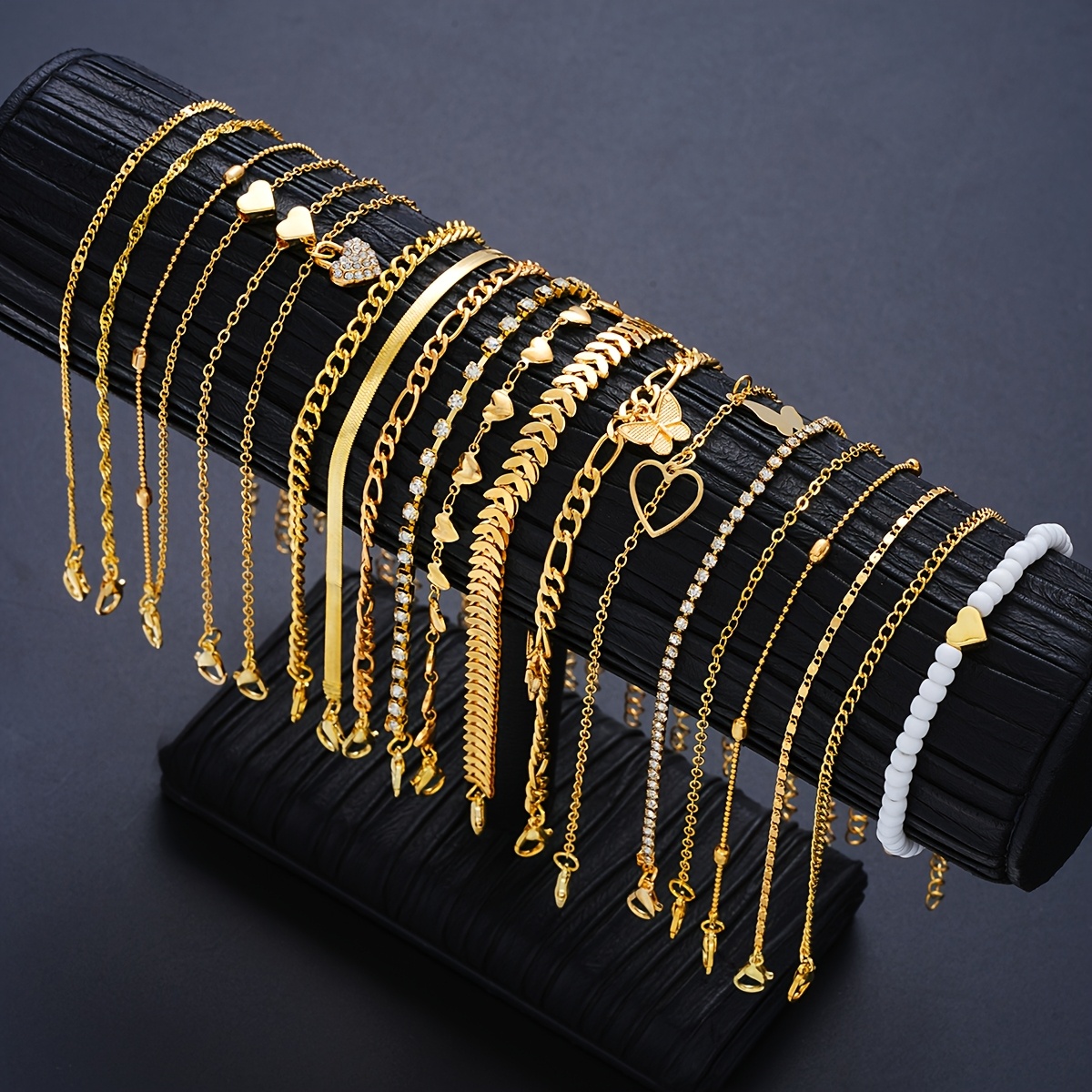 E-shop 19-teiliges Fußkettchen-Set, Hochwertige Damen-Fußkettchen mit Sommerstrand-Stil Herz-Rhinestone, Schmetterling und Perlen, für Damen