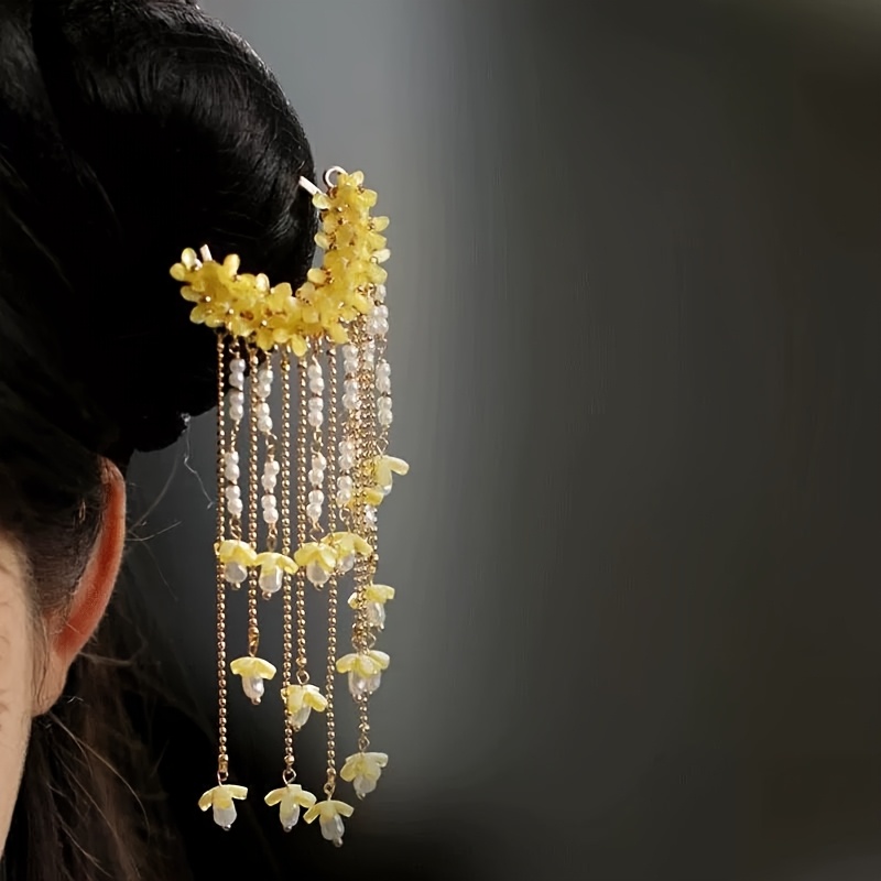 Chinese-style osmanthus and imitation pearl tassel hairpin in yellow Amazon.com : 5 Pcs Flower Chinese Tassel Hair Stick Crystal  main image 4