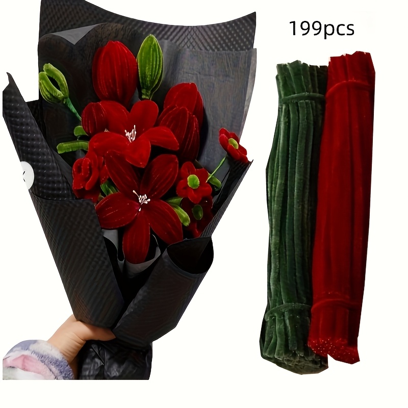 TEMU 199pcs de bâtons de chenille, matériaux pour la fabrication artisanale de bâtons de chenille, 100pcs bordeaux et 99pcs vert mousse, bâtons de
