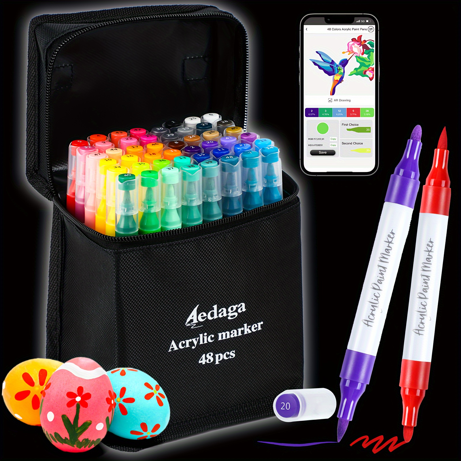 

48 Colors Acrylic Paint Pens With Free App, Dual Tip Acrylic Paint Markers With Brush Tip And Fine Tip For Adults, Kids, Eggs, Wood, Rock, Canvas, Plastic, Stone, Glass, Ceramic