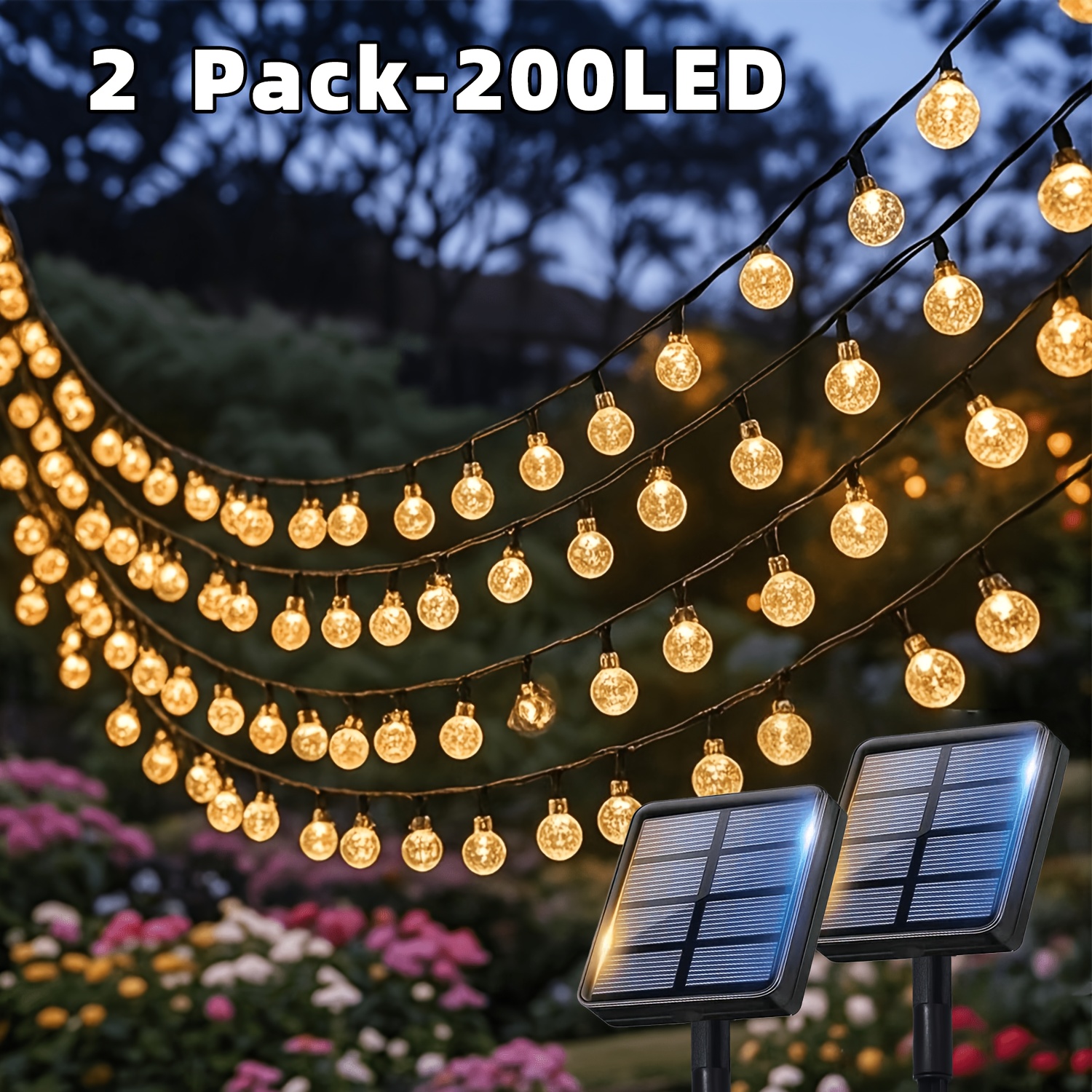 TEMU Paquete de 2 guirnaldas de luces solares de globos para exterior, un total de 200 LED/64 m, luces de cadena esféricas de color C, con 8 de