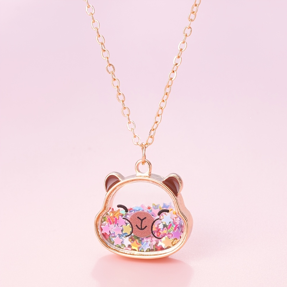 Image of 1pc Capybara Necklace With Colorful Shaking Star Sequins For Girls, Cute Bff & Kids Adjustable Jewelry, Birthday Gift For Daughter & Granddaughter