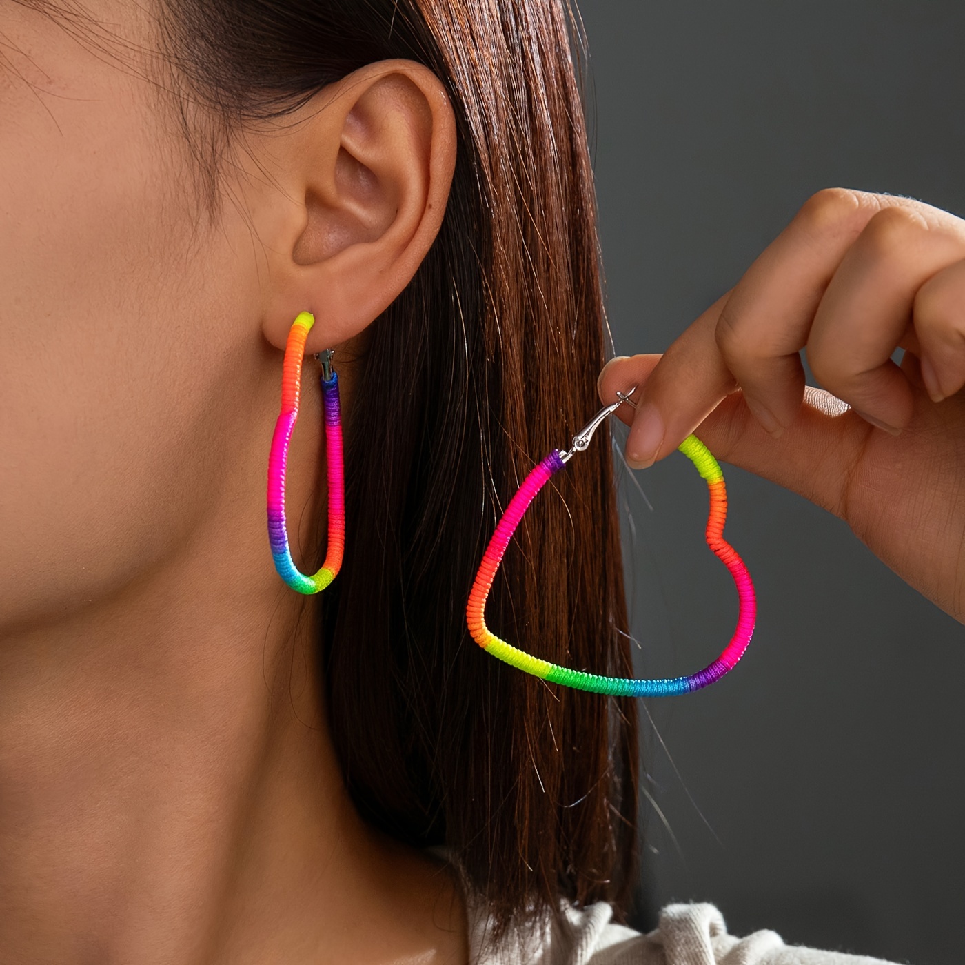 Rainbow Heart Woven Beaded Earrings Colorful Cord Alloy Posts Pride Festive