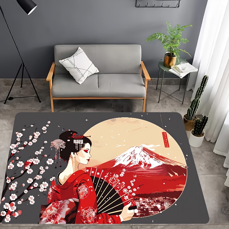 

Japanese Style Cherry & Mount Fuji Area Rug - Machine Washable Polyester Floor Mat For Gamer Room, Laundry, Bath, Kitchen, Living Room, Bedroom - Rectangular Indoor Decorative Rug