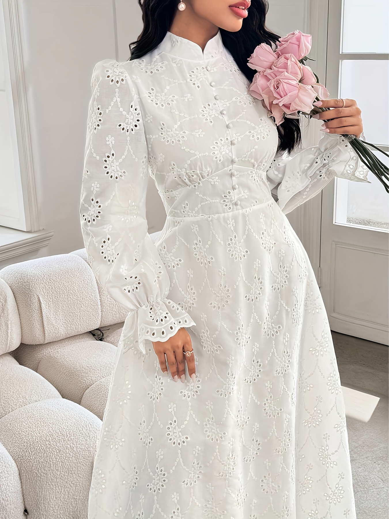 plus size new autumn fashion hollow out white stand up collar long sleeve dress elegant and waist defining long gown for wedding guests