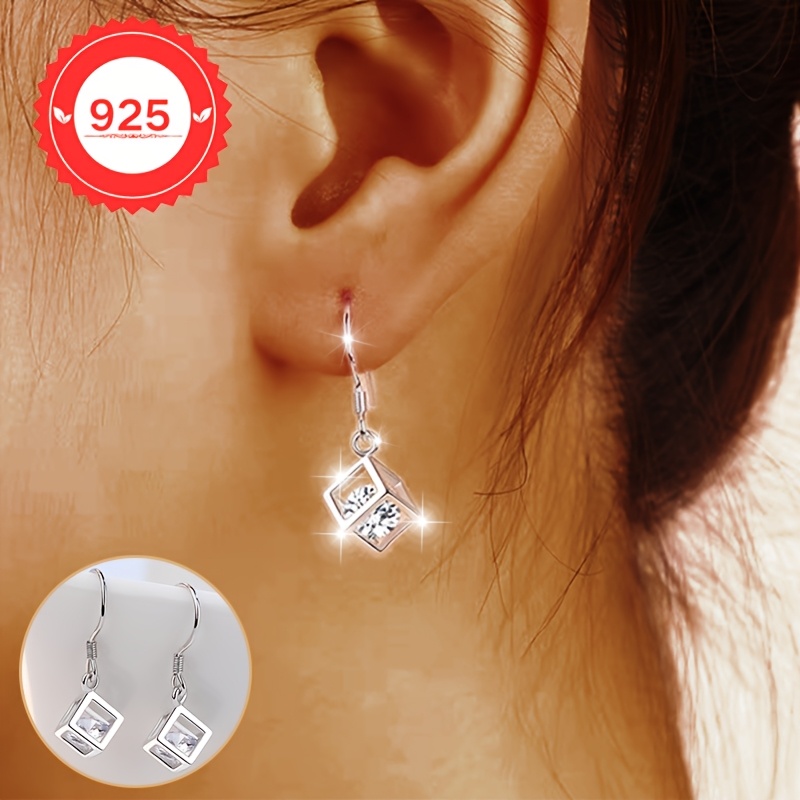 S925 Silver Geometric Cube Earrings for Girls
