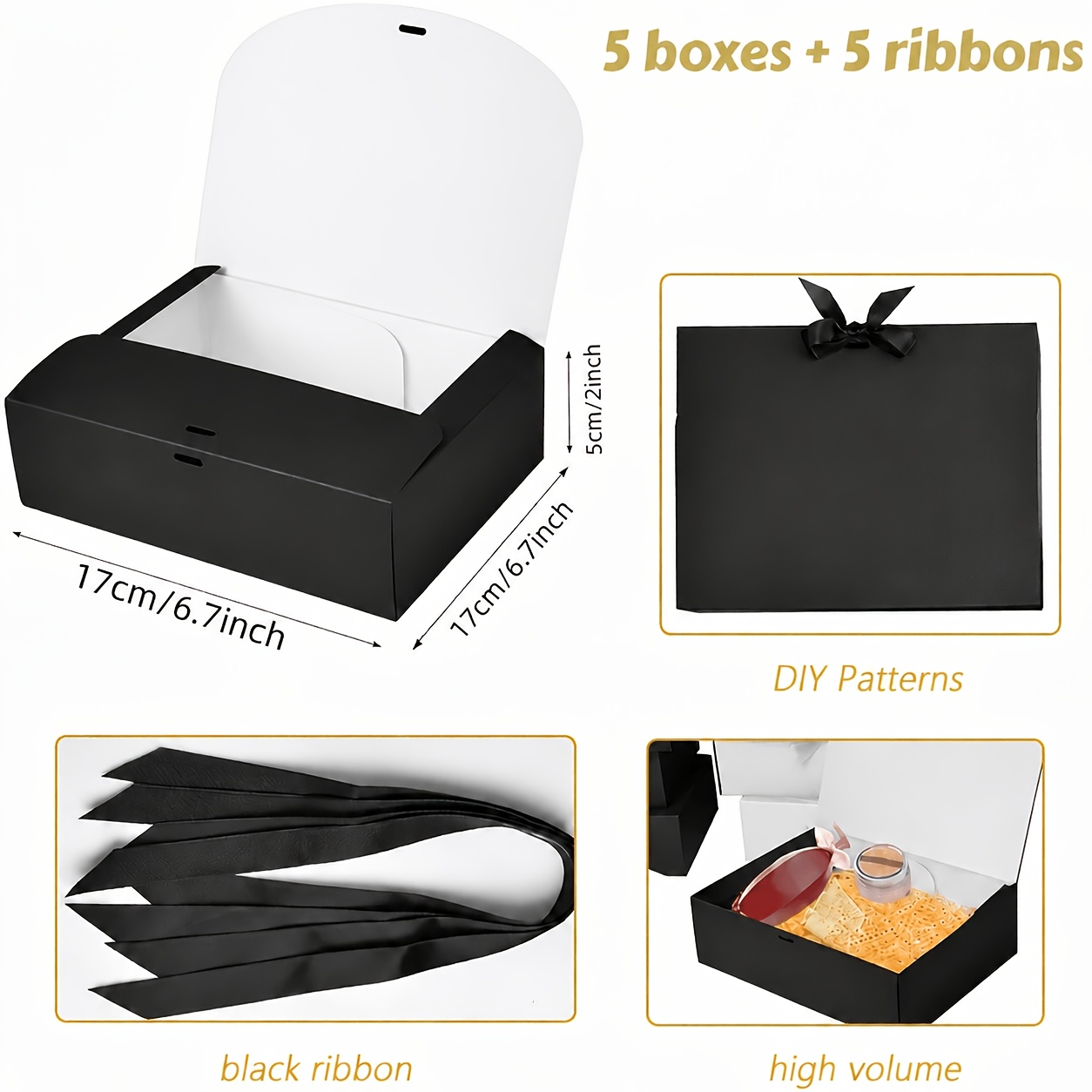 TEMU 10pcs-5 Boxes + 5 Black Ribbons Elegant Black Gift Box Set With Ribbon - Perfect For Weddings, Proposals, Birthdays & Special Occasions - Ideal