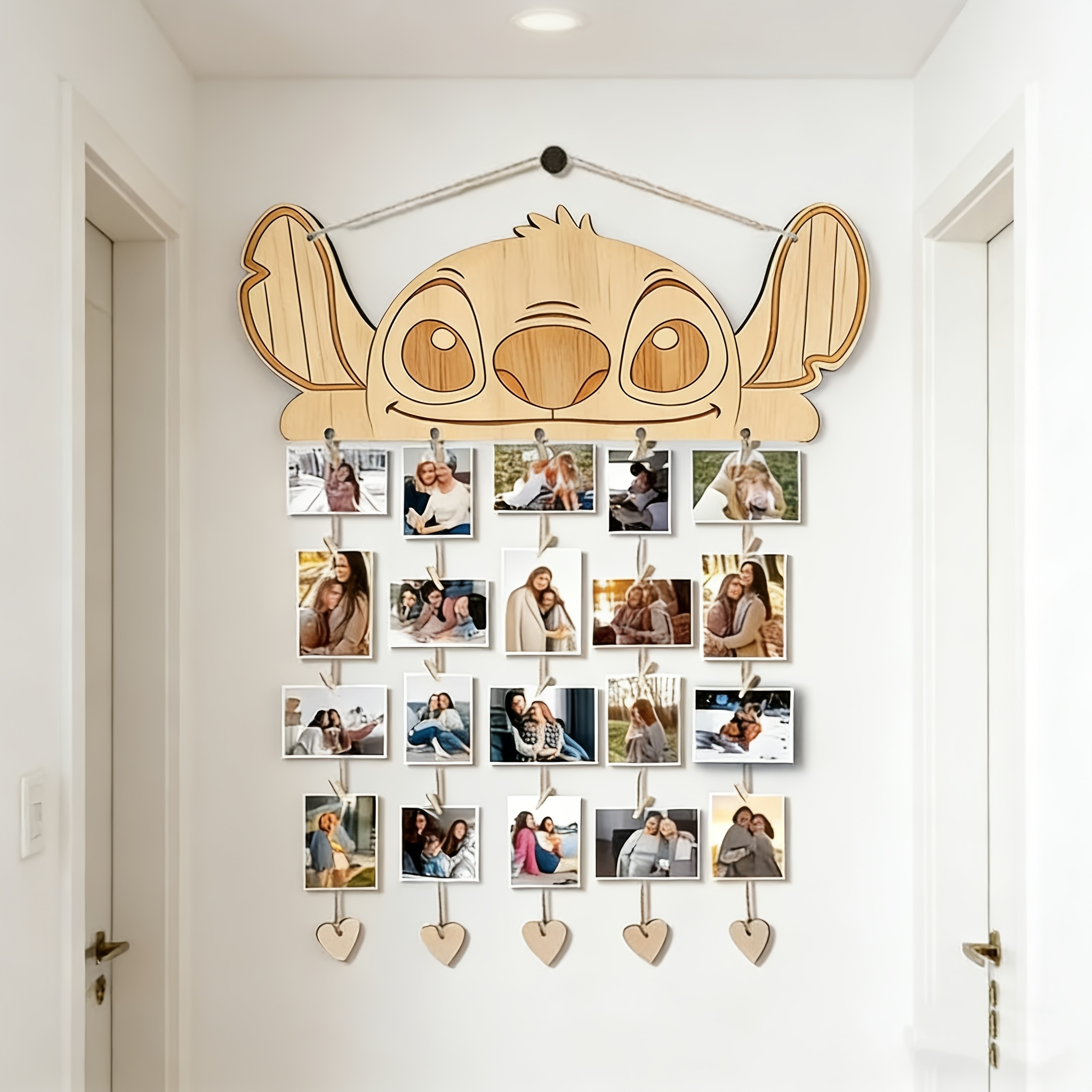 E-shop Stitch Holz Wanddeko, Dekorative Holz Hängebild Set im Feiertagsstil mit Foto-Clip und Herz Anhänger. Kann Fotos und Notizen aufhängen, geeignet