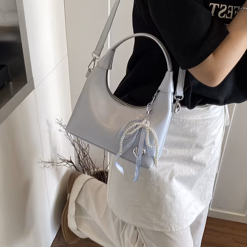 Chic Solid Color Decorative Handbag - Fashionable Crossbody Moon-Shaped Handbag with Zip Closure, Polyester Lining, And Edge Paint Detail - Available in White, Pink, Blue, Black - Ideal for Various Occasions, Purse Accessories