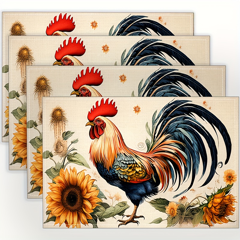 

4pcs Placemats, Rustic Rooster Pattern Linen Placemats, Vintage Sunflower & Cock Design Placemats, Table Decor, Dinner Decor, For Dinning Room And Restaurant, Home Supplies