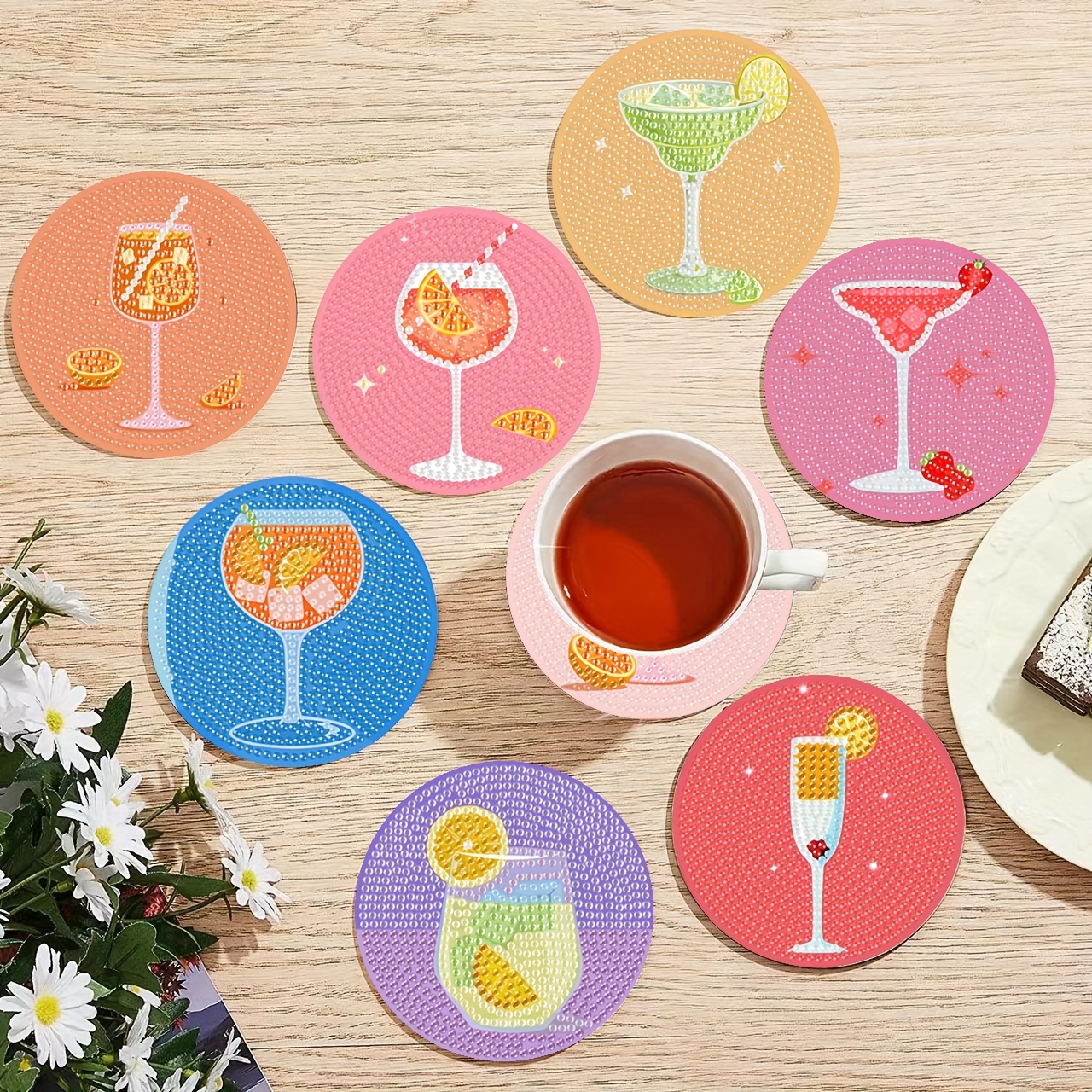 8pcs Painting Coasters, With A Stand, Drink Coasters, Table Mats, Non-slip Coasters, Home Kitchen Decor, Festive Party Decorations, Craft Supplies Gifts
