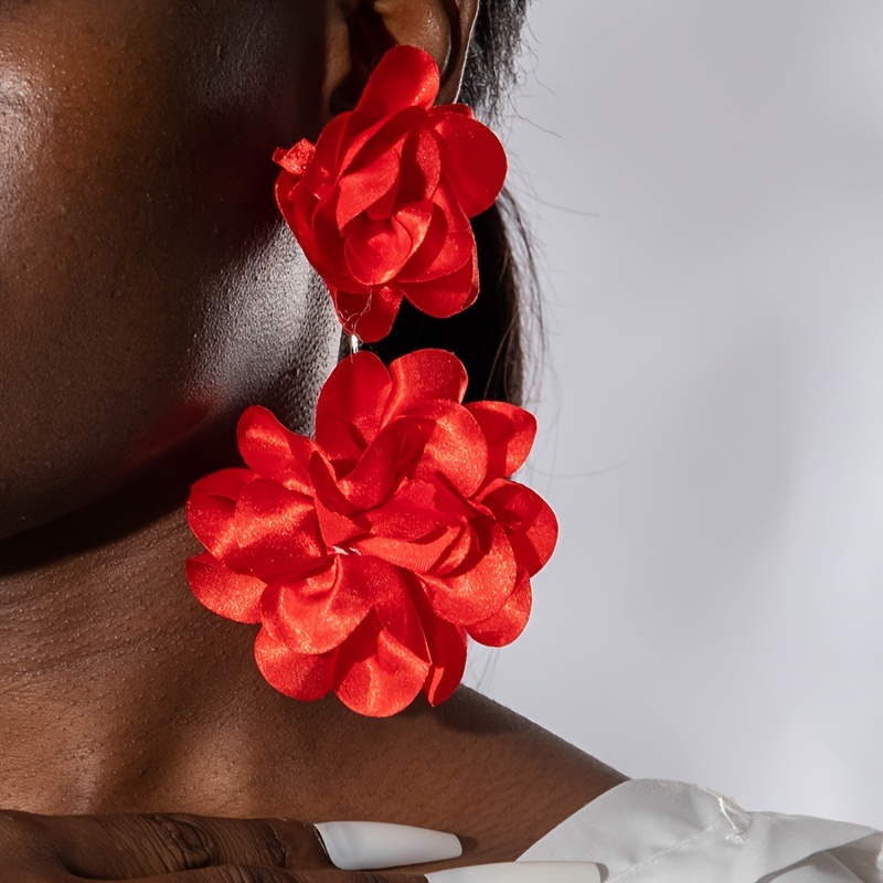 TEMU A Pair Of Fashionable Polyester Large Flower Three-dimensional Artificial Flower Drop Earrings, Suitable For Women's Prom, Party, And As A Gift