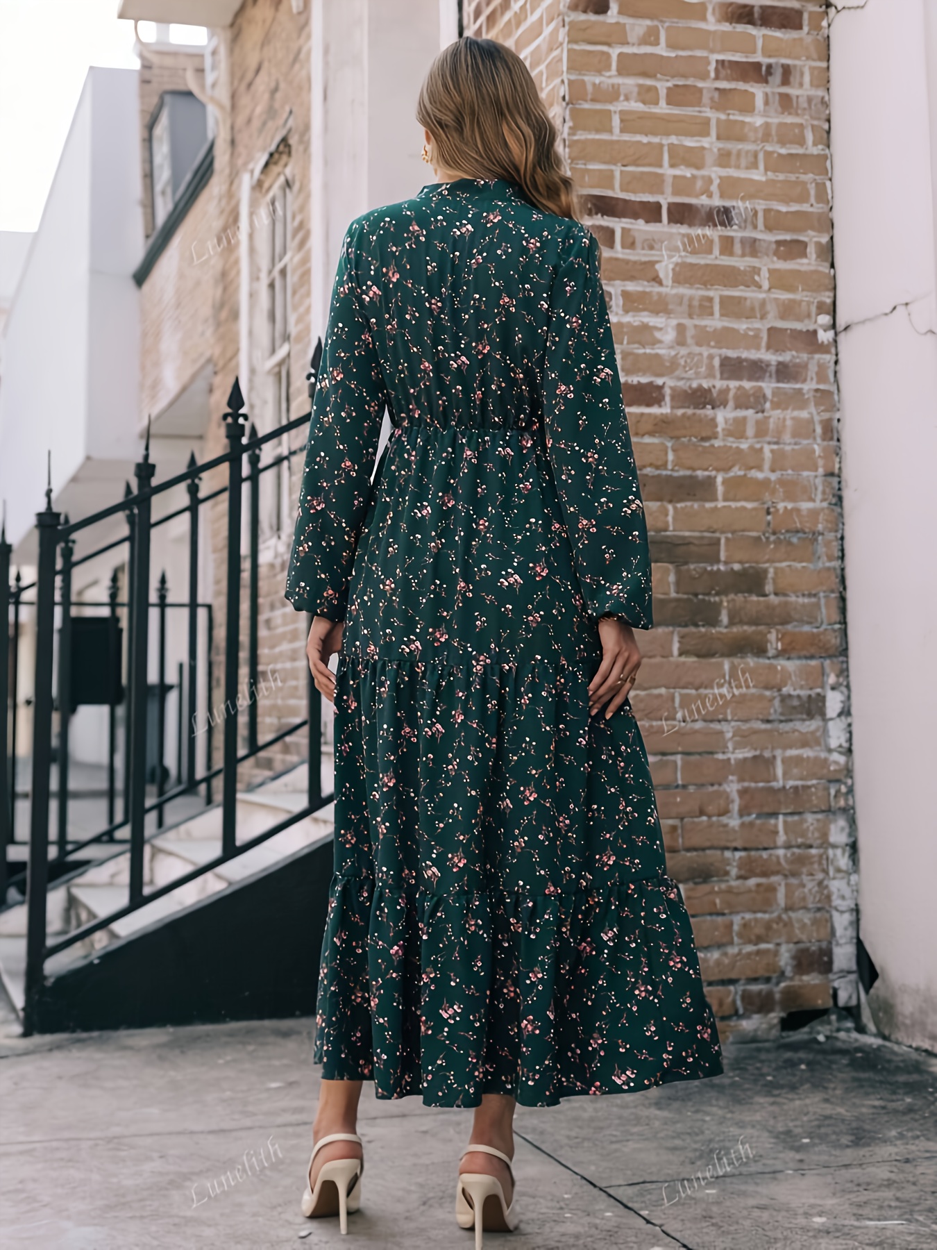 dark green floral v neck long sleeve dress casual relaxed - Temu Mauritius