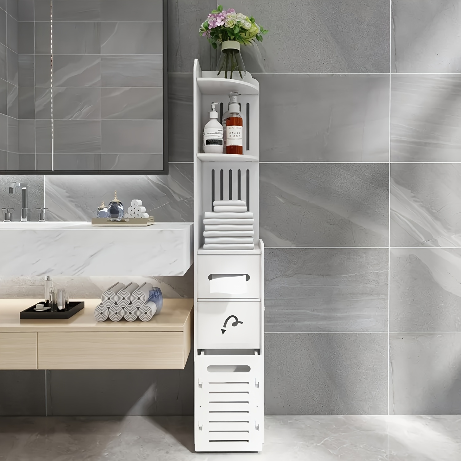 Image of Thin White Freestanding Storage Cabinet With Door & Bin, Narrow Unit With Adjustable Shelves For Bathroom Bedroom Balcony