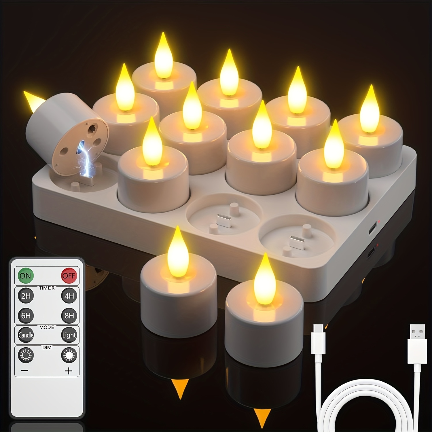 Image of 12pcs Led Tea Lights Set (with Rechargeable Base And Remote Timer), Flame- Tea Candle, Battery Powered, Halloween Christmas Valentine's Day Autumn Winter Wedding Tabletop Decoration