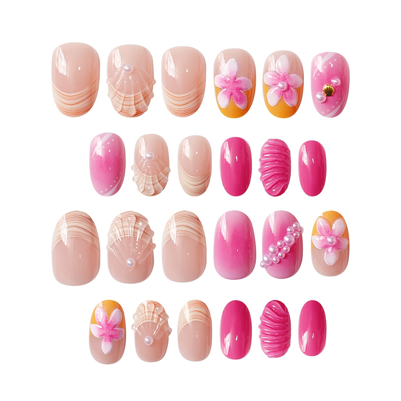 TEMU A Set Of 24 Short Almond-shaped Press-on False Nails, Cute, Fresh, Shell-shaped, Elegant, Beautiful, Floral, Fashionable, Pearl, Suitable For