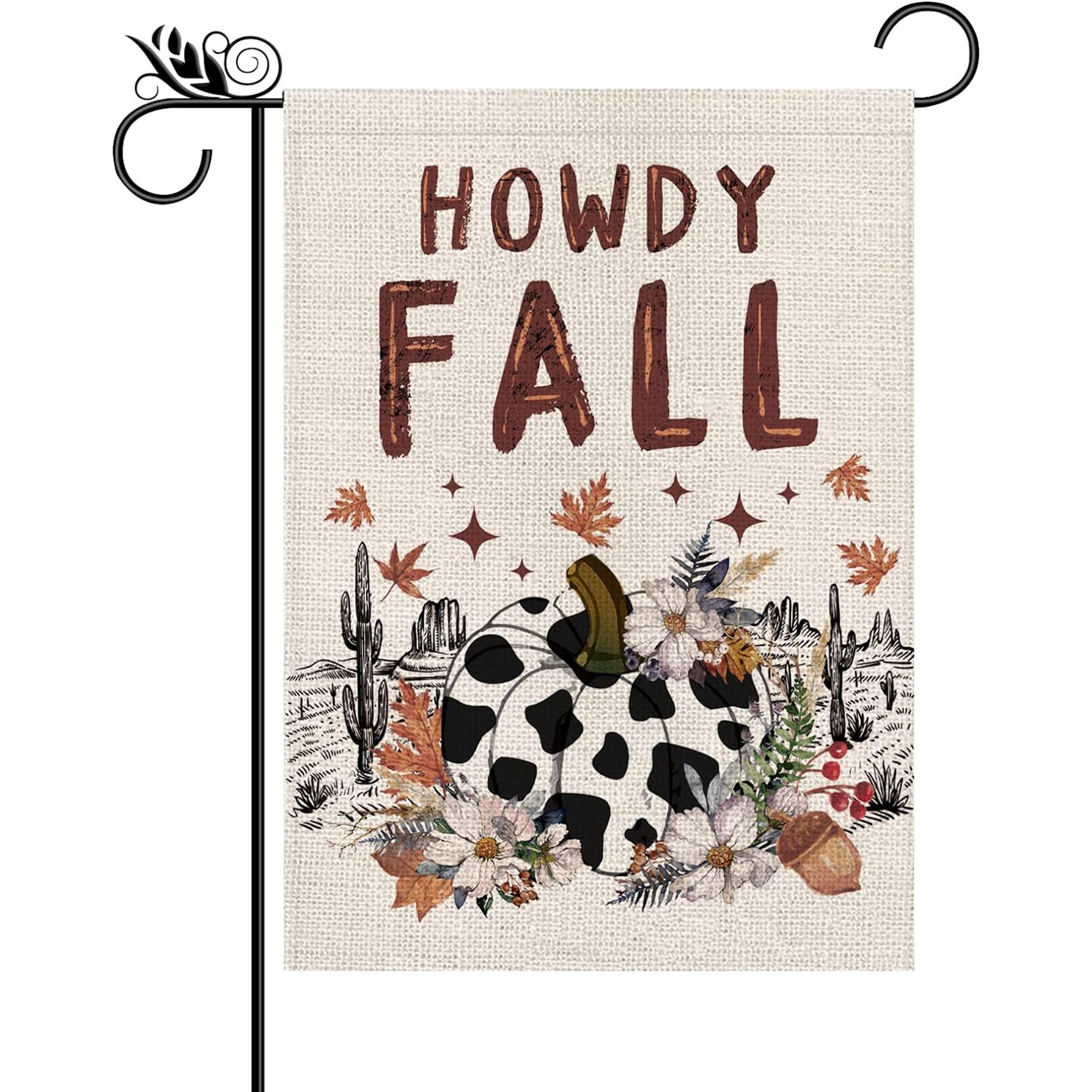 

1pc Howdy Fall Double-sided Garden Flag, Rustic Cow Print Pumpkin Design, Burlap Farmhouse Yard Flag, Seasonal Autumn Outdoor Festive Home Decoration (only Flag)