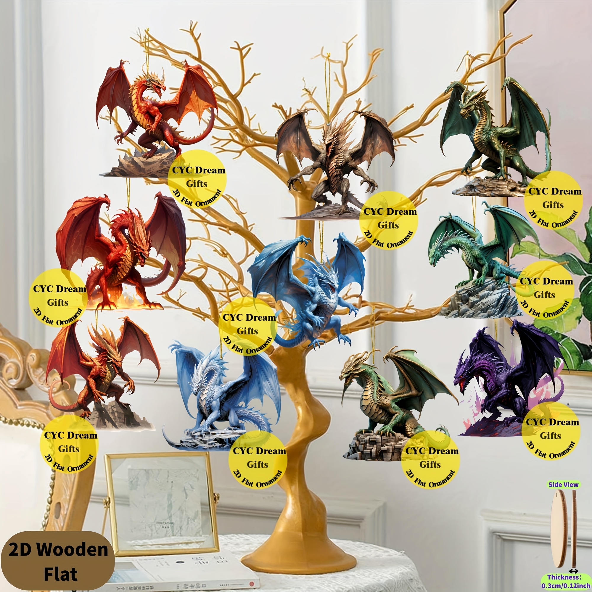TEMU [2d Flat] 10pcs/1set Wooden Lovely Dragon Ornaments - Pendants For Christmas, New Year & Daily - Home, Office, Classroom Decor, Party Favors, Car Pendants, Keychain & Backpack Charms