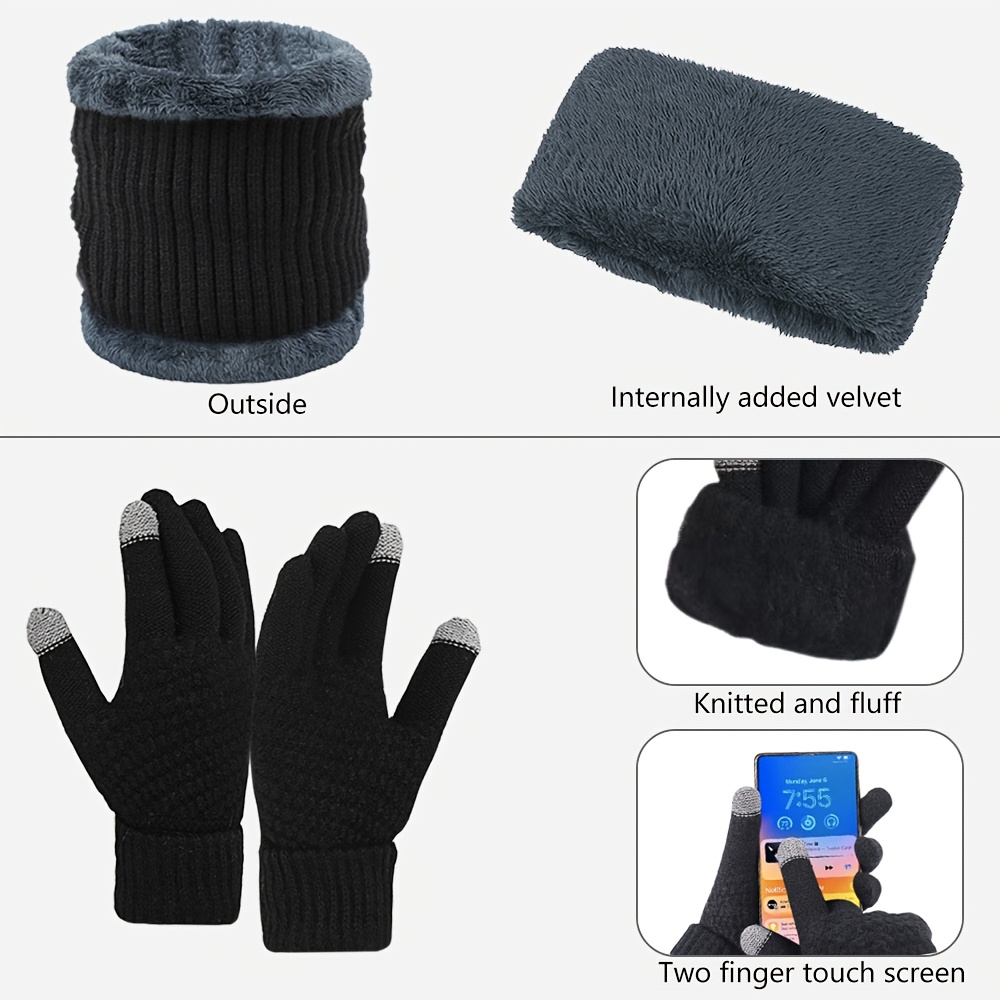 Ensemble d'hiver trois pièces comprenant un bonnet, un couvre-cou et des gants tactiles - Chapeau épais et chaud en tricot pour la protection des oreilles avec doublure en polaire pour une tenue décontractée en extérieur, idéal pour Noël, sans batterie