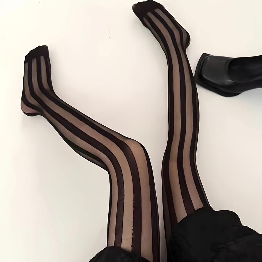 

Elegant Black Striped Pattern Tights For Women - 1 Pair Polyamide & Elastane Blend, Contrast Lace Detail, Knit Fabric, Hand Washable - Chic Sheer Stripe Pantyhose