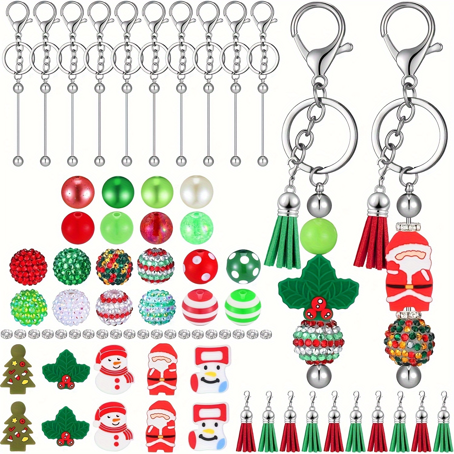 

10pcs Christmas Beaded Keychain Making Kit With Lobster Clasps, Blank Key Rings & Tassel Charms - Diy Craft Set For Holiday Gifts