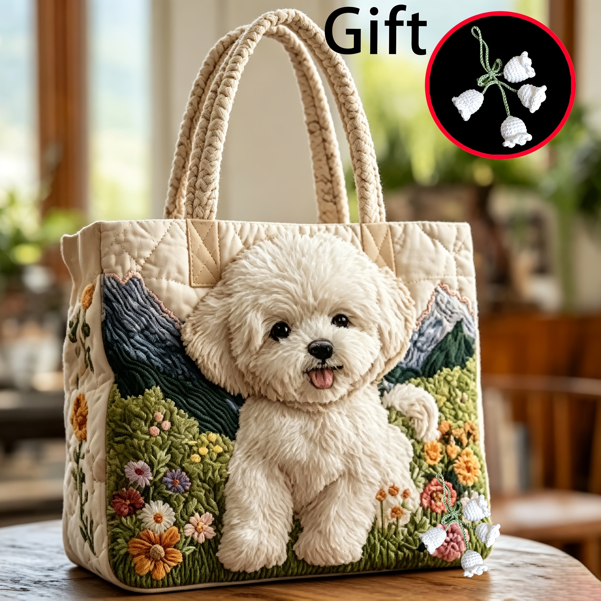 TEMU 2pcs Quilted Tote Bags With Lily Of The Valley Keychain Gift, 2d Flat Printed Cute Bichon Frise Floral Mountain Pattern, Large Capacity Soft