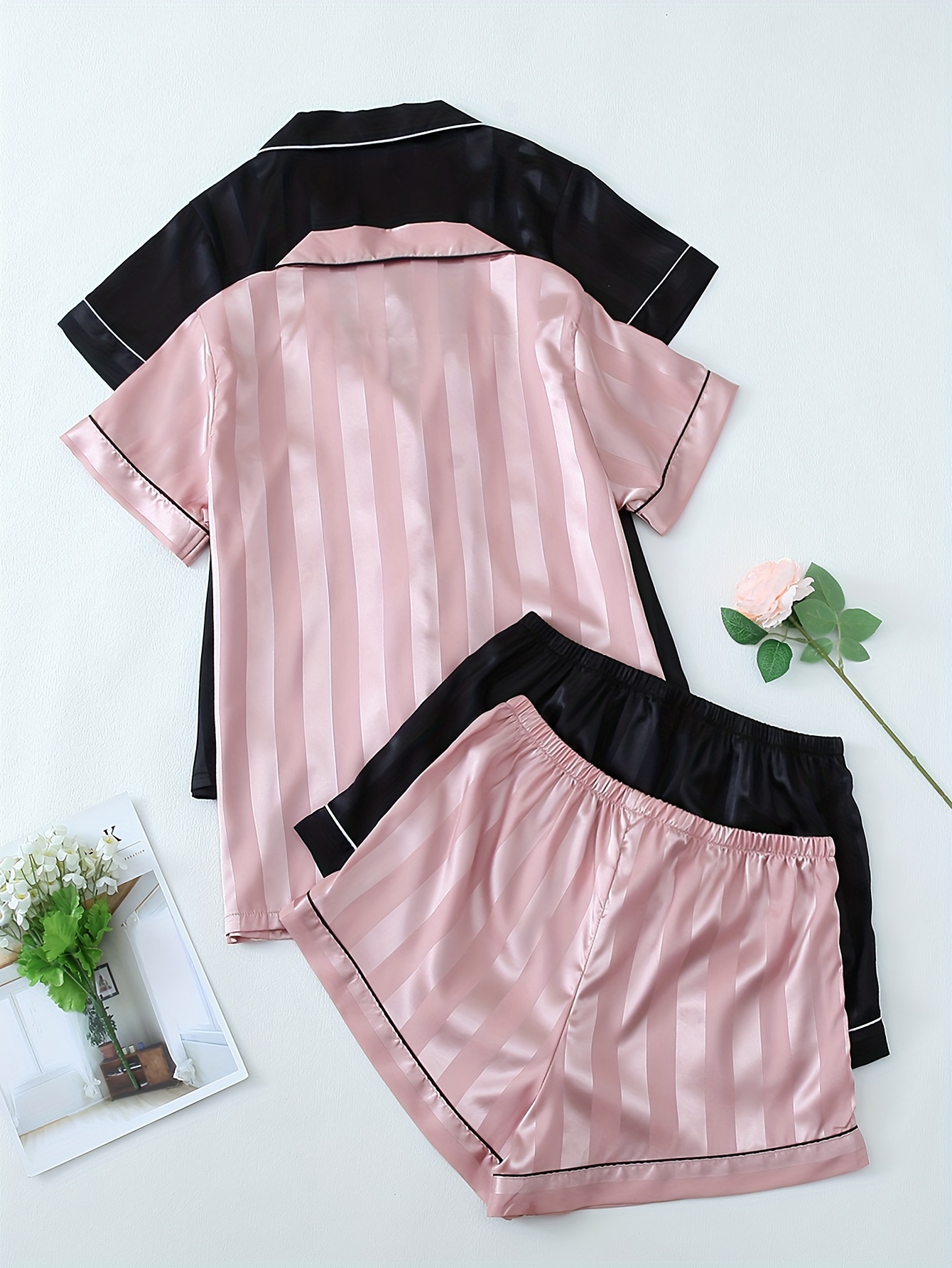 conjunto de pijama casual de   a rayas para mujer, con camisa de manga corta y botones con   y pantalones cortos,     y  