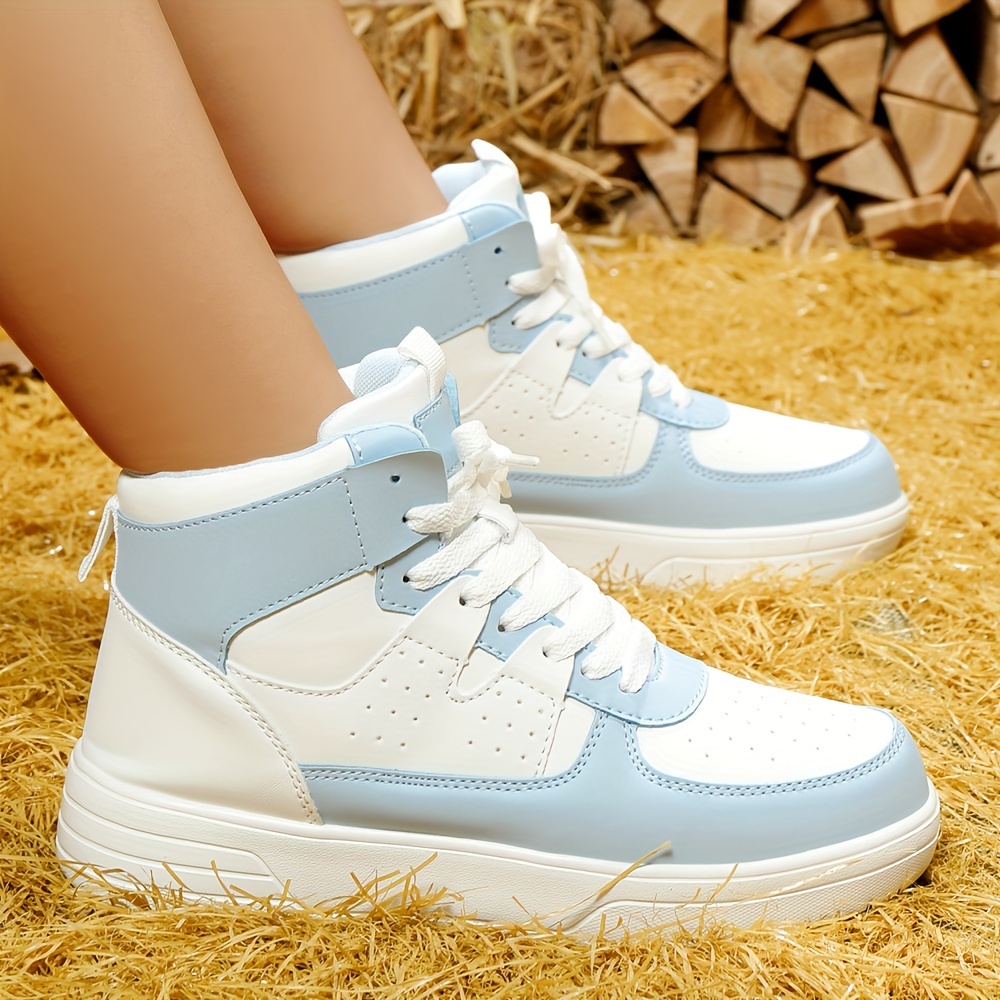 Women Men Fashion Blue White Sports Shoes Soft Sole Ankle Sneakers,  Mother's Day Gift Summer Promotion Colorblock Lace-Up Ankle Skate S