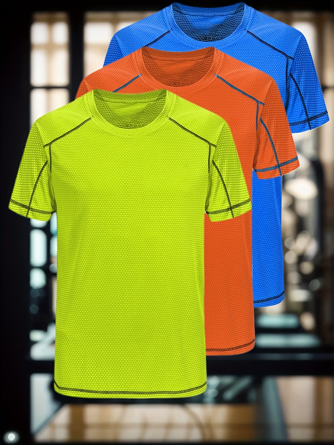 mens 3pcs quick   t shirts moisture wicking polyester breathable stretchy multi color with honeycomb pattern round neck raglan sleeves ideal for running yoga basketball cycling outdoor activities machine washable summer activewear gym shirts