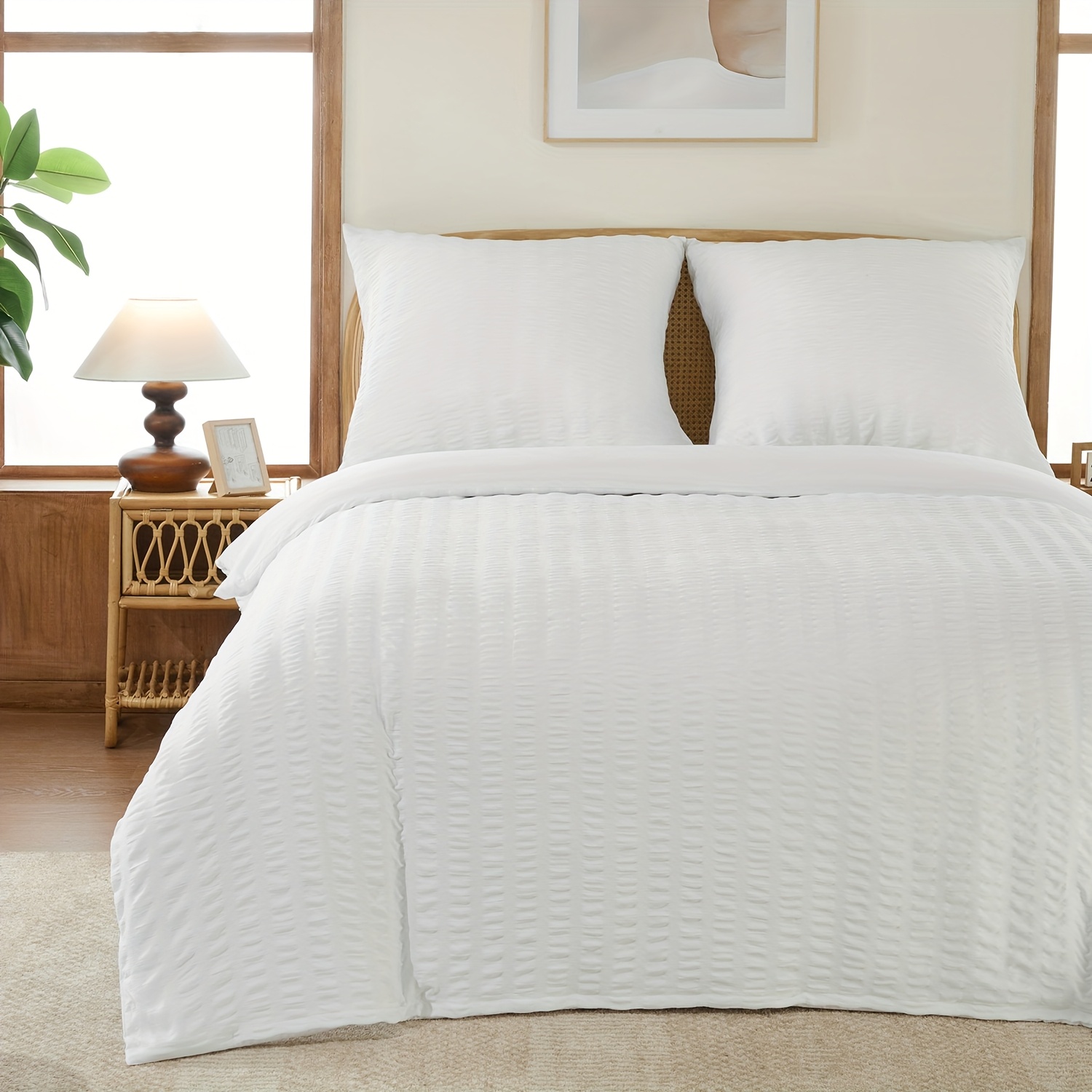 E-shop Seersucker Bettbezug-Set, Atmungsaktives Geprägtes Streifen-Bettwäscheset, Uni-Farbe, Gebürstete Faser, Weicher Duvet-Cover mit Reißverschluss 1
