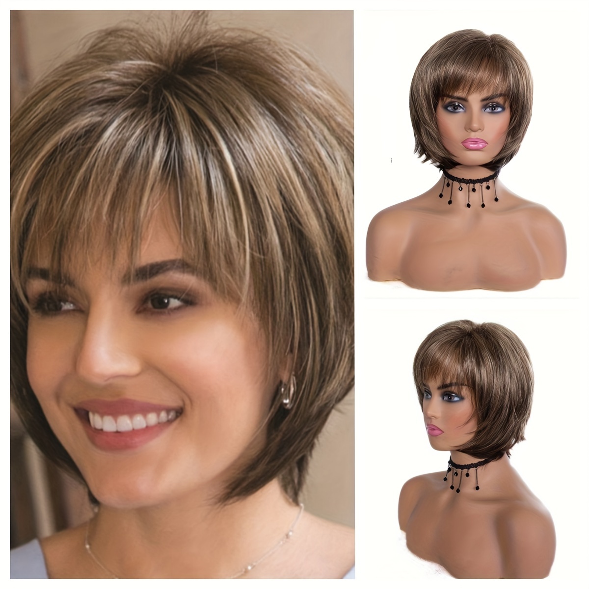 TEMU Elegantní Hnědá Kudrnatá Paruka s Ofinou pro Ženy - Vysokoteplotní Syntetické Vlasy Shag Náhrada, Ideální pro…: retailer-supplied image