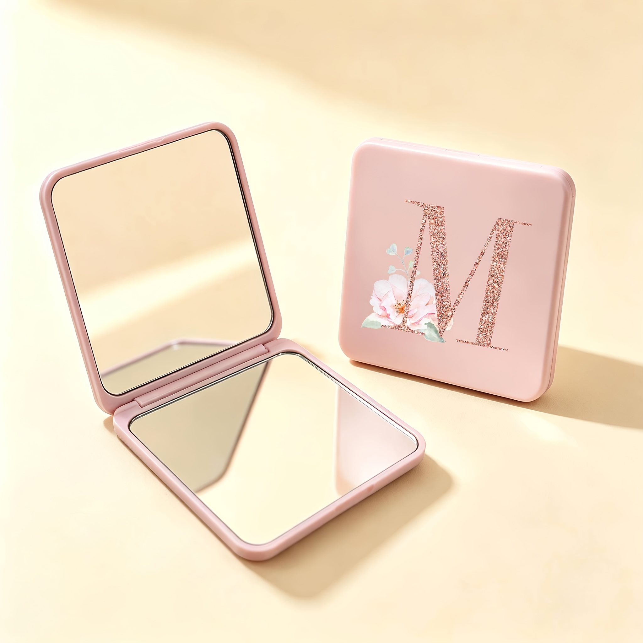 TEMU 1pc Initial Portable Square Makeup Mirror, Double-sided Square Makeup Mirror, Foldable Makeup Mirror For Women, 3 Colors : /pink, Compact And
