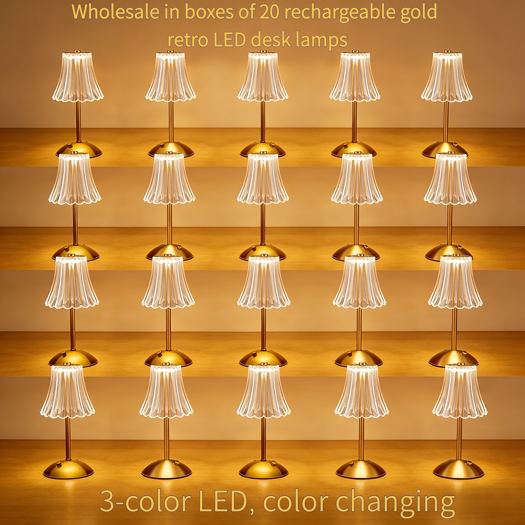 TEMU Bulk Wholesale Of 20pcs Desk Lamps - Rechargeable Golden Led Lamps With Usb Interface, 3-color Portable Touch Lights, Suitable For Bedrooms,