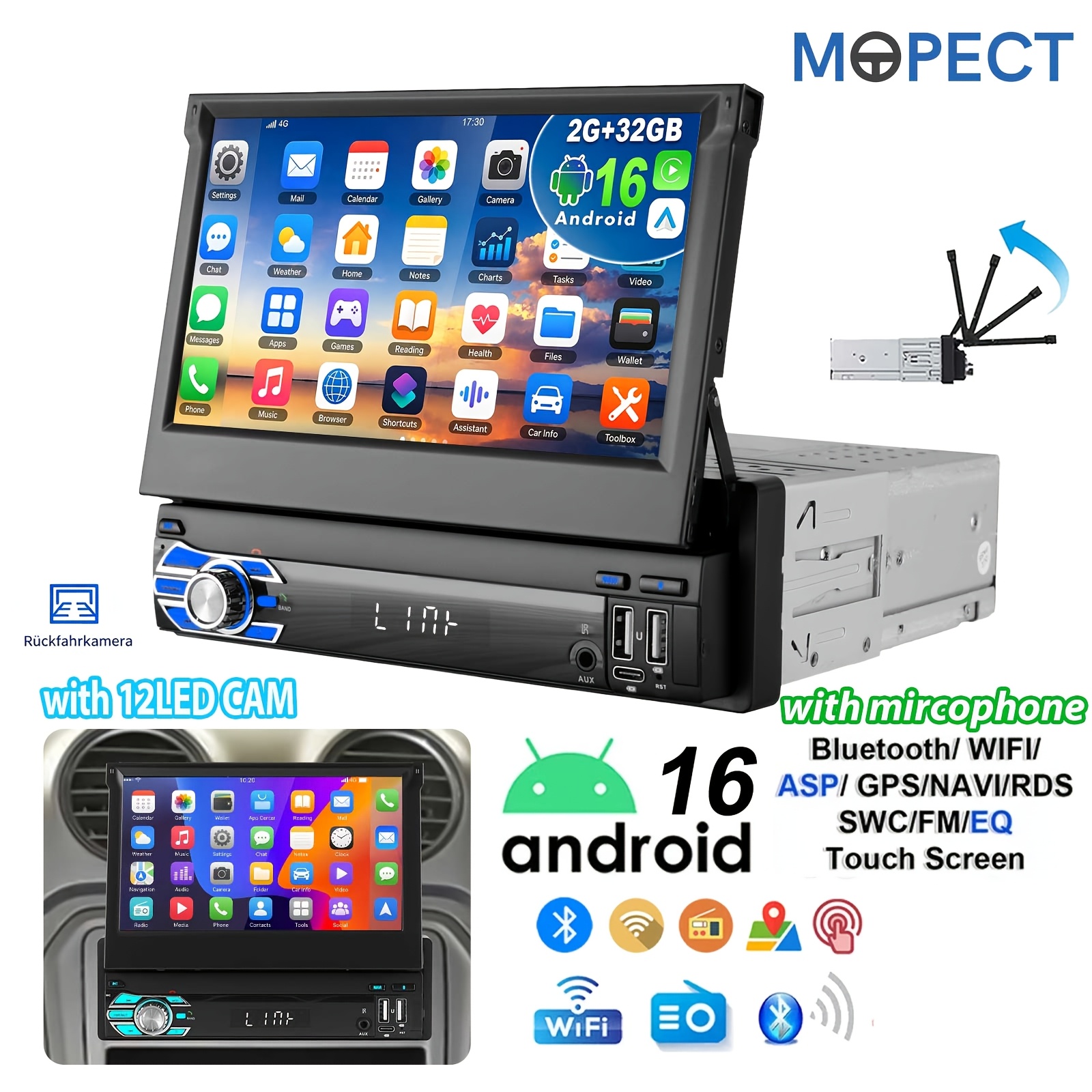 Image of Mopect 16 2g+32gb, 7inch Screen Car Multimedia Player Flip Out Touchscreen, & Auto, Gps, Navi Wifi, Swc Universal Single Din And Wireless Auto Fm Rds Radio With Mircophone & 12led Camera
