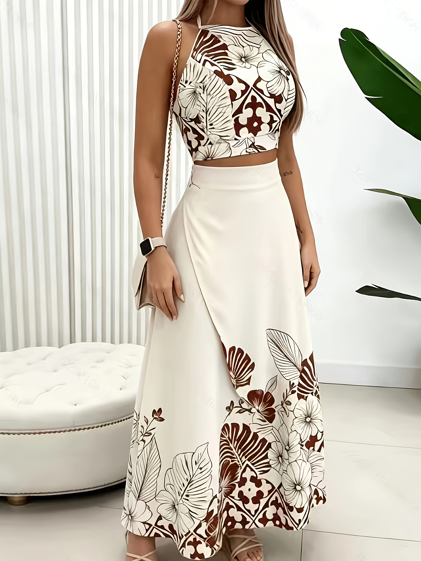 european and   womens new summer watercolor tropical   skirt set with top halter neck and skirt 2pcs set for women  