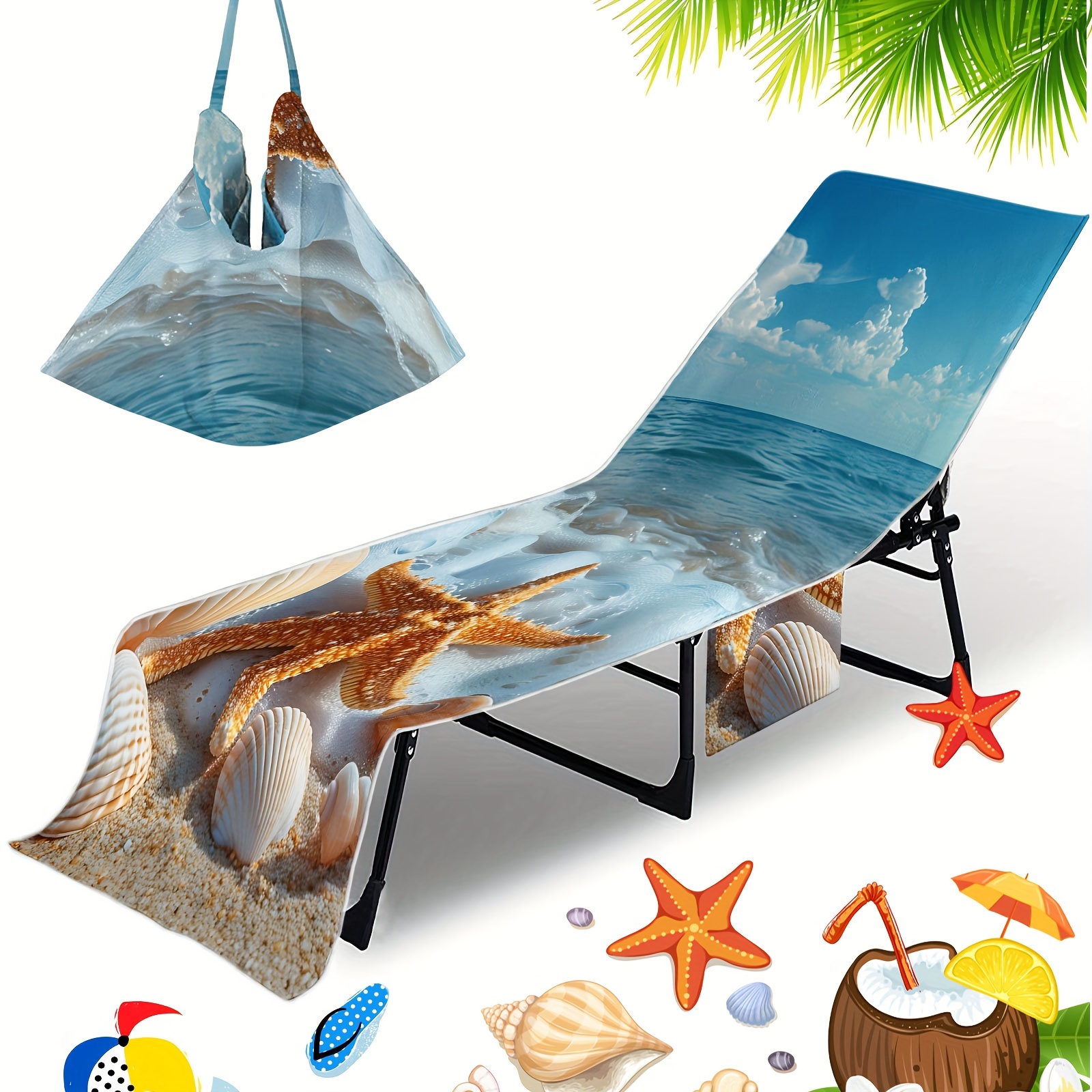 TEMU 1pc Starfish Pattern Beach Chair Cover, Microfiber Quick Drying Towel Pool Chair Cover, Beach Towel Chair Cover With Pocket, Vacation