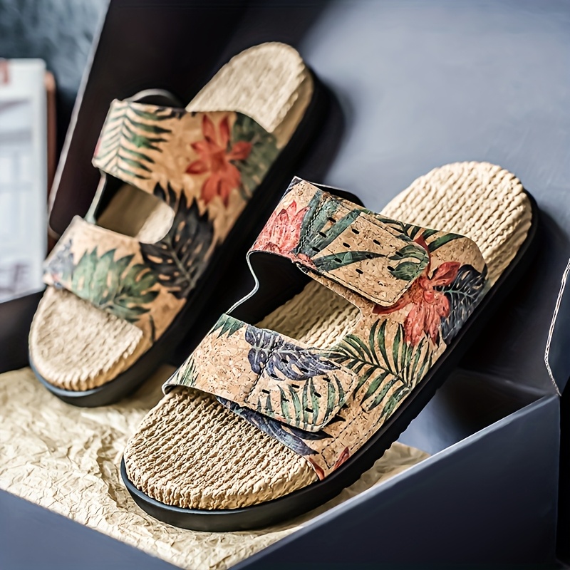 mens slip on sandals tropical floral     dry pu upper cushioned eva insole non slip pvc sole for pool vacation casual outdoors slip resistant footwear brown   blue   white lightweight summer footwear for men poolside footwear stylish   durable trivet   slides trendy slides breathable slides   Product details 5