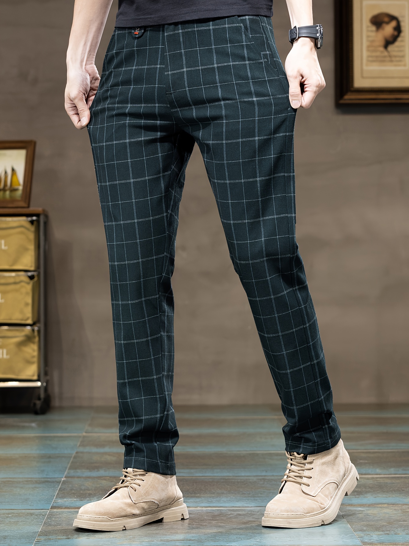 Plaid Casual Long Pants Men Slim Fit Pants Pockets Seasons Temu Ireland
