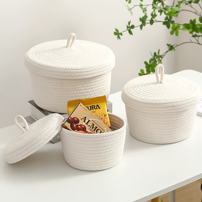 Desktop Storage Basket With Lid, Dust-proof Storage Box, Home Storage, Cosmetics, Snacks, Circular Cotton Rope Storage Basket, Organizing Basket, Shelf Baskets