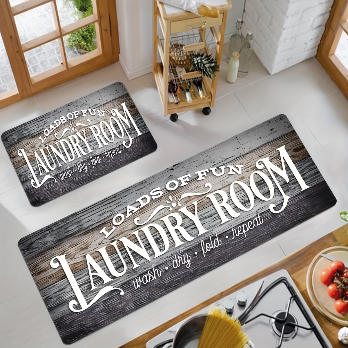 

1pc Rustic Wooden Laundry Room Mat, White Lettering, Non-slip Polyester Bath Rug, Rectangular, 1cm , 580g/m², Fade-resistant, Kitchen & Bathroom Decor