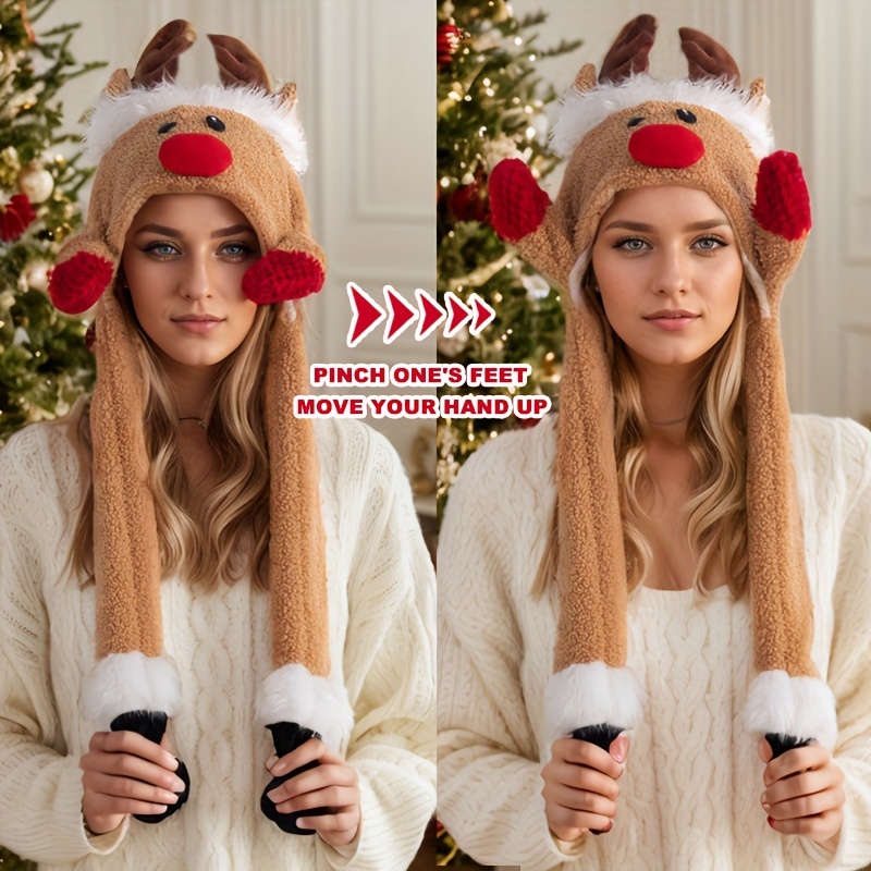 

Kaqipeet Reindeer Christmas Hat With Movable Hands - Cozy Polyester Santa Cap For Holiday , No Feathers, Parties & Events