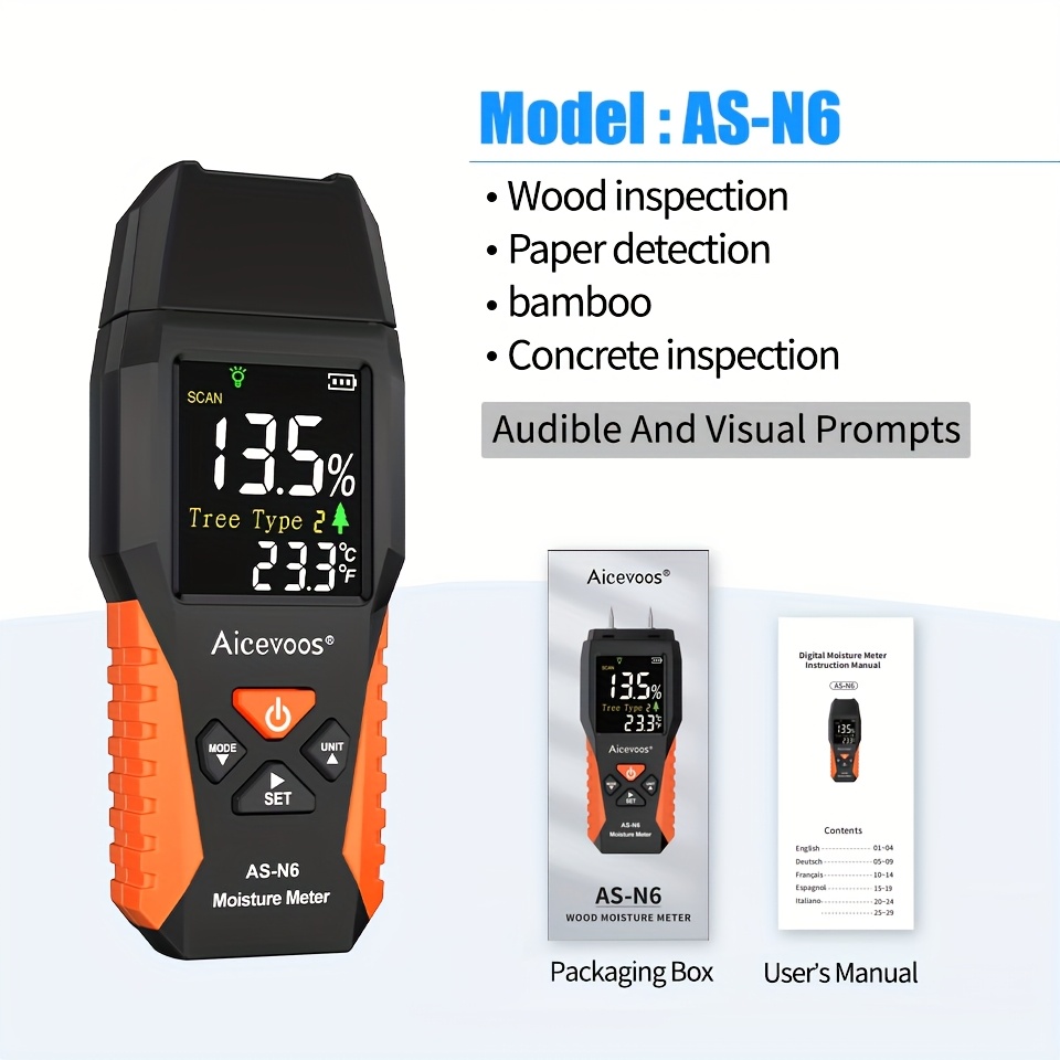 Aicevoos Digital Wood Moisture Meter, Needle Type Water Leakage Detector, Mode Detector, Backlit Lcd Display, Moisture Tester Damp Tester, Multiscene Measure Temperature Humidity Probe Testers