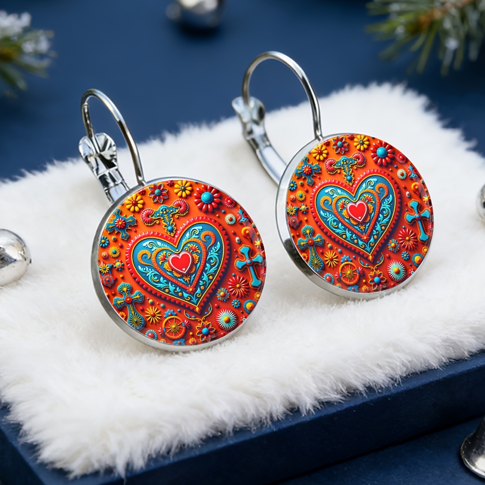 TEMU Heart-shaped Floral Earrings, Made Of Alloy With Glass Inlay, A Fashionable Gift For Women, Delicate Earrings Suitable For Daily Wear