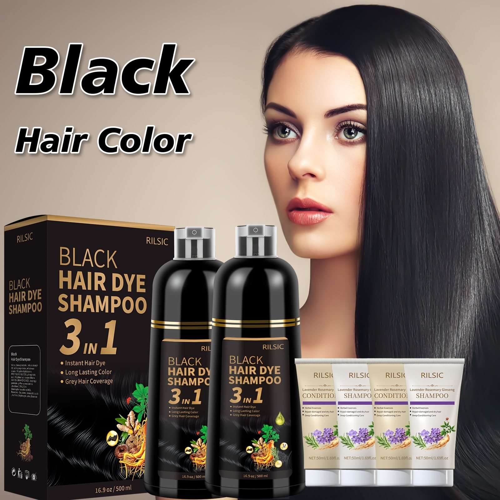 TEMU Rilsic 2pcs 3in 1 Hair Dye Shampoo, Natural Hair Coloring Shampoo For 100% Gray Coverage, Instant Hair Dye Shampoo&conditioner, Plant Squalene