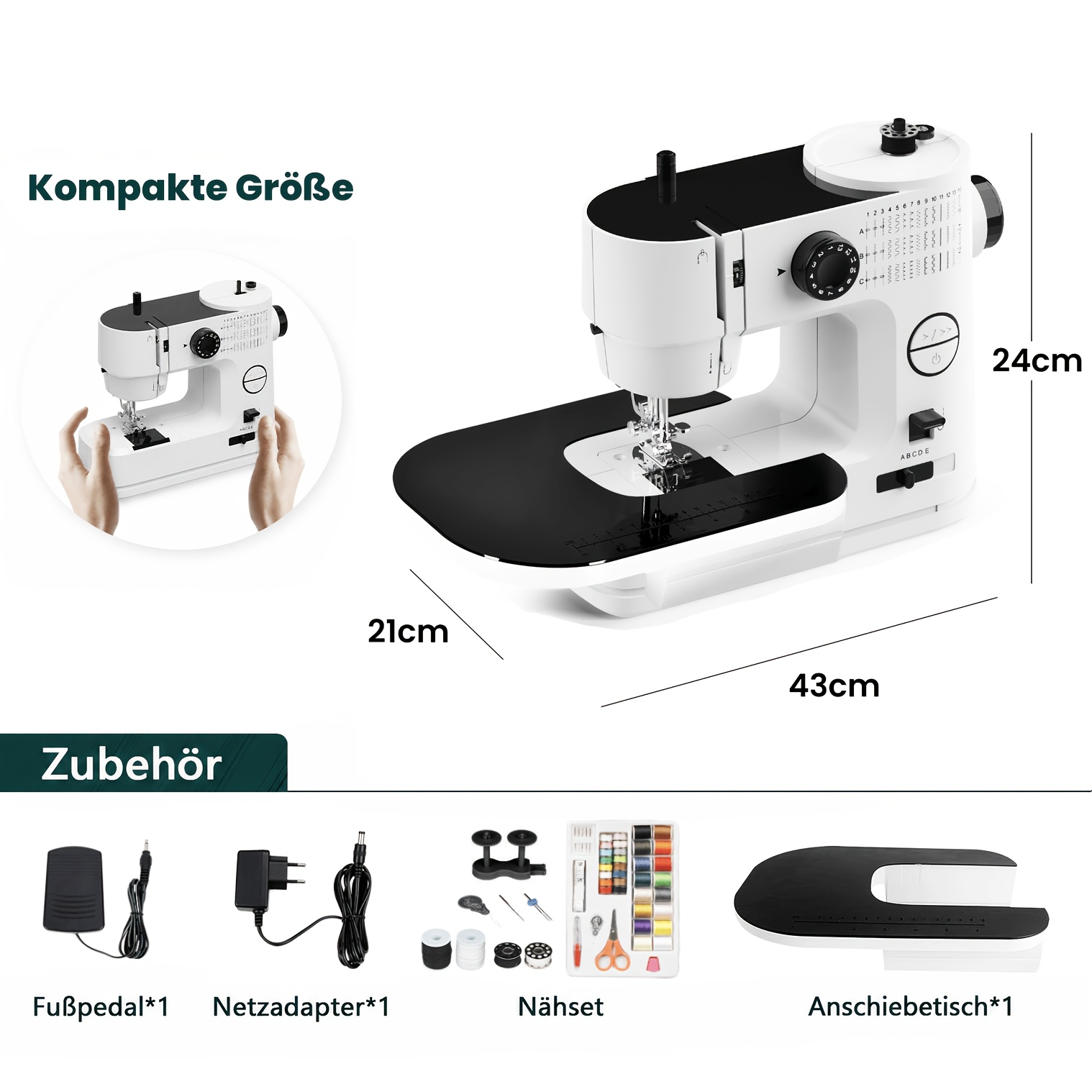 Image of Mini Sewing Machine For Beginners With 39 Stitches & 42pcs Sewing Kit - Electric Sewing Machine For Beginners, With Twin Needle, Extension Table, Foot Pedal & Led Light