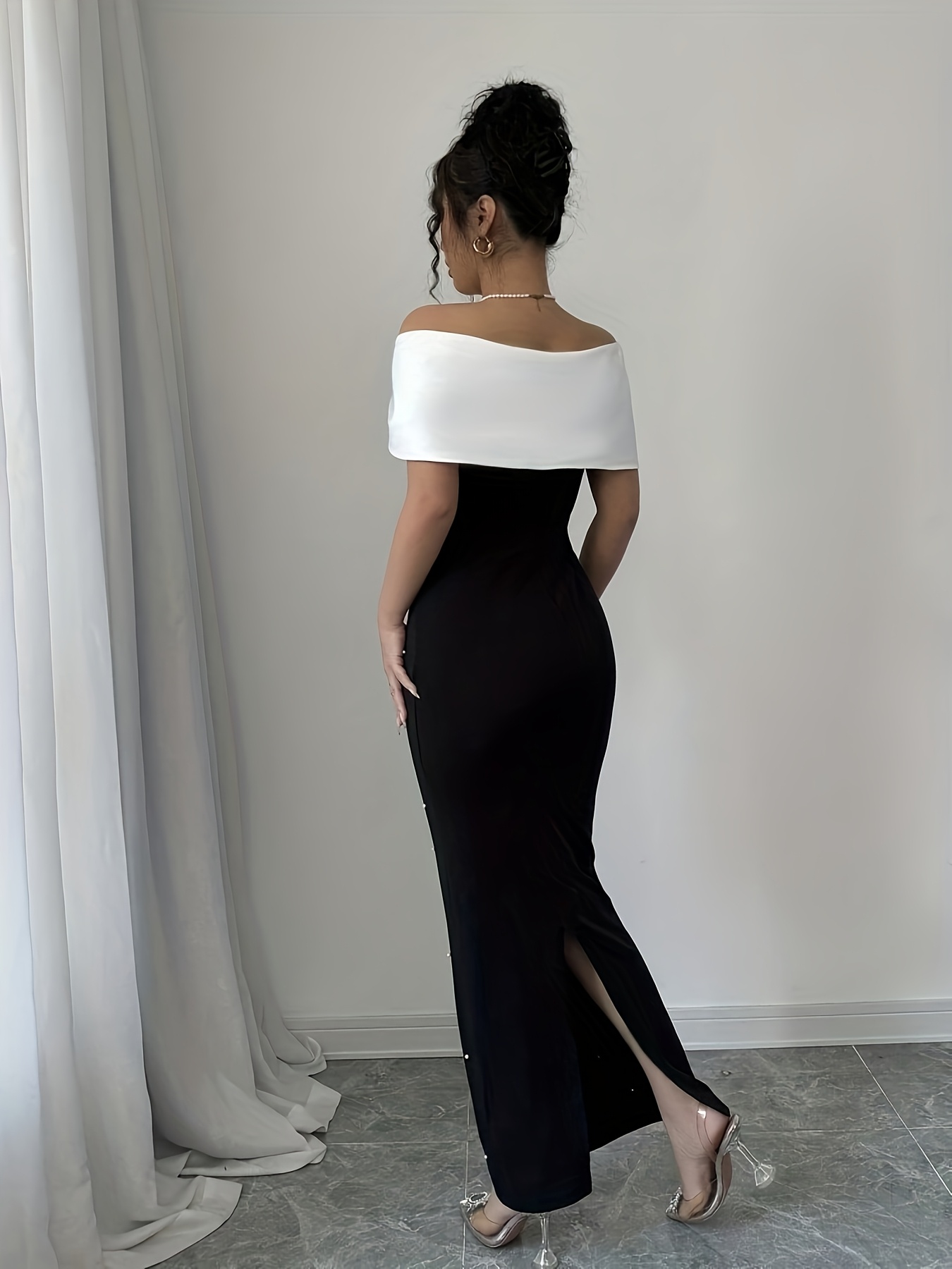 Sears Maxi Vestido Vestido Blanco Con Negro Largo Elegante Vestido