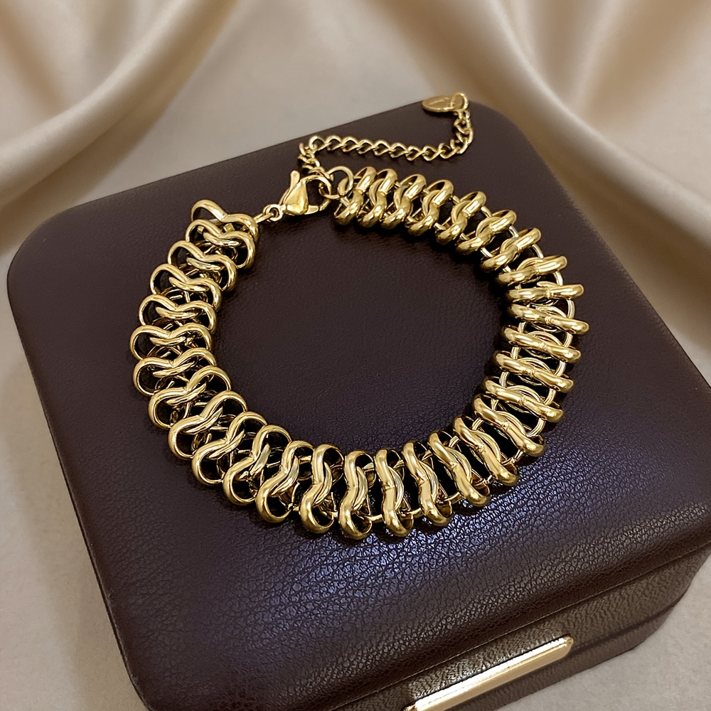 Chunky Thick Hollow Chain Link Bracelet, Golden Cuff Jewelry