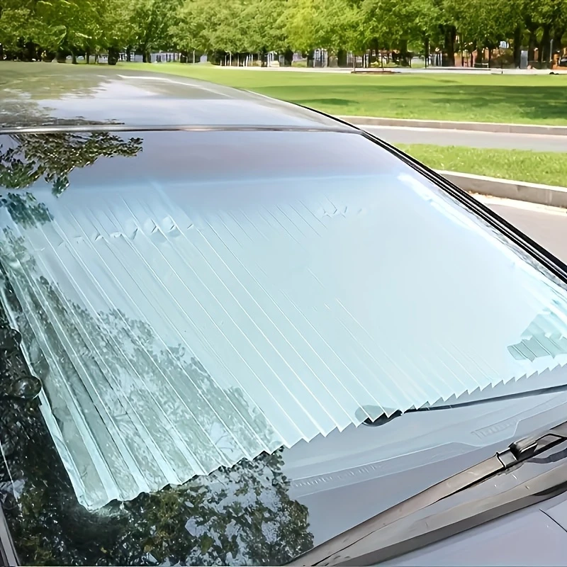 1pc automatic retractable folding sunshade uv resistant heat insulating aluminum material on installation blackout curtain for front window car sunshade windshield foldable details 2