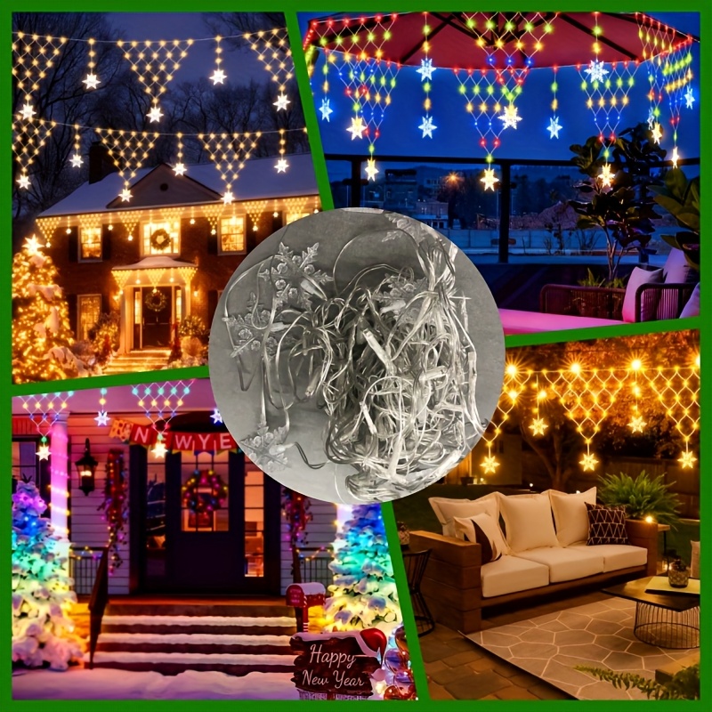 TEMU Guirnaldas de luces LED triangulares con diseño de copo de nieve y malla, 600 cm / 236 pulgadas, alimentadas por USB para exteriores, con 8 de ,